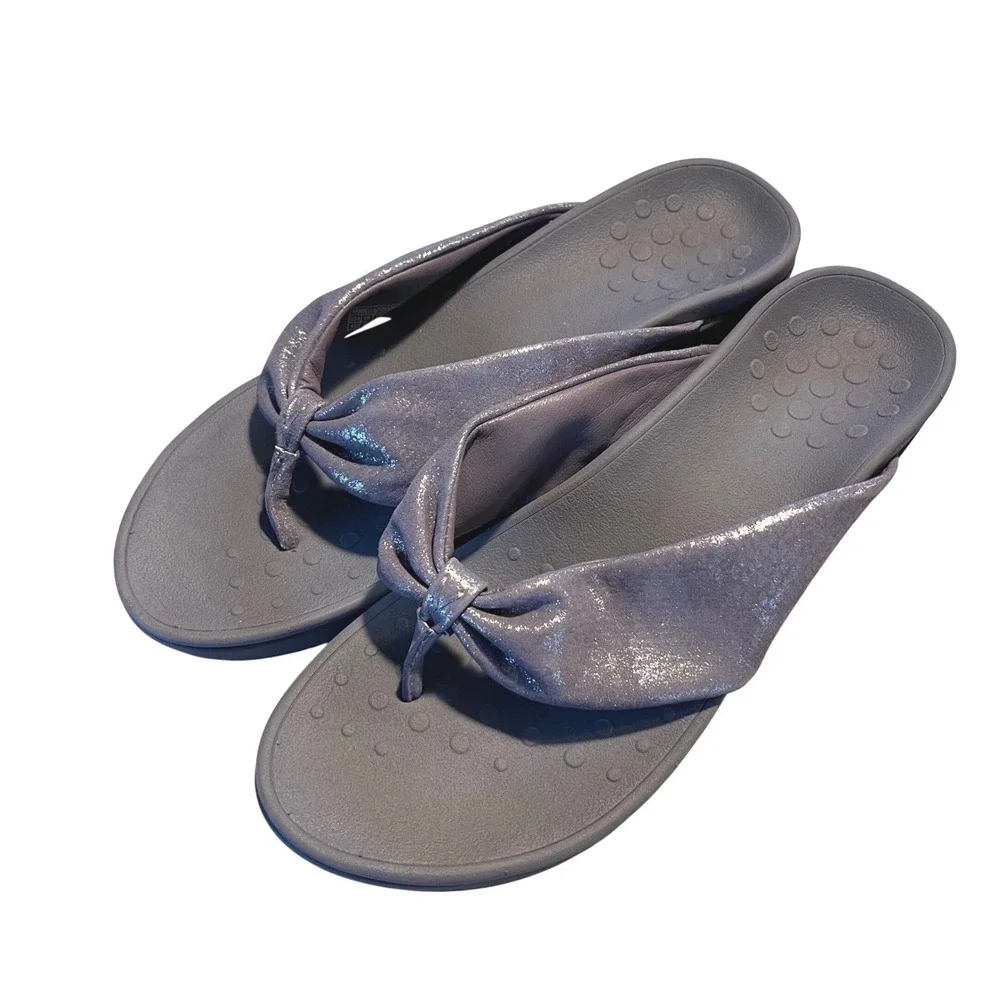 Vionic Arabella Wedge Sandals Women 10 Lavender Shimmer Orthotic Knot Thong